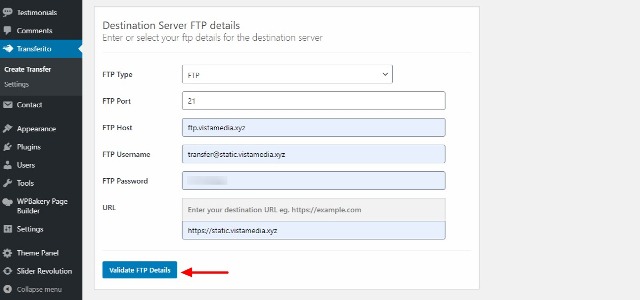Кнопка Validate FTP Details