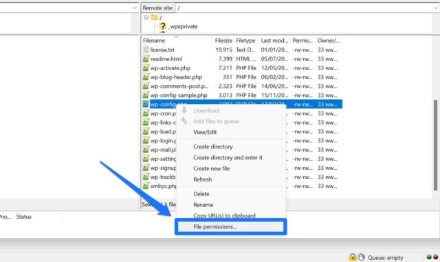 access wordpress file permissions in filezilla