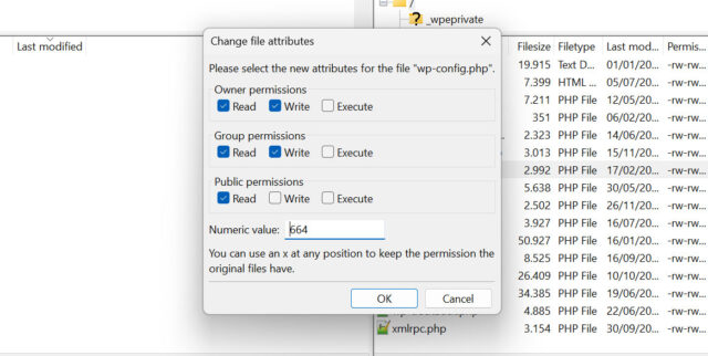 configure wordpress fil permissions via ftp