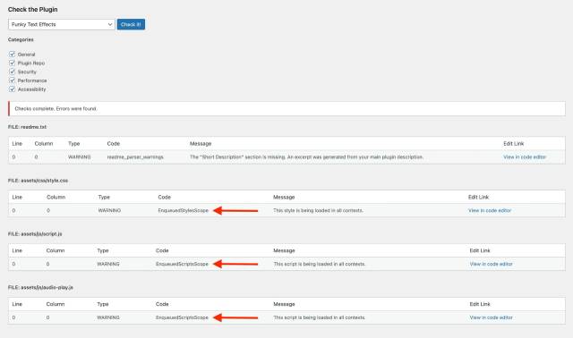 Results of running the development teams plugin checker tool scaled