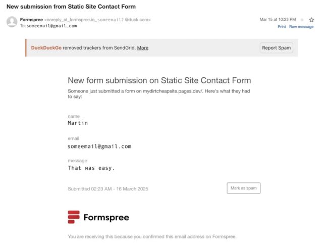 Formspree submitted form receive