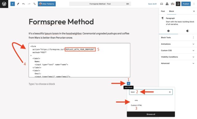 Inserting Formspree form into Wo