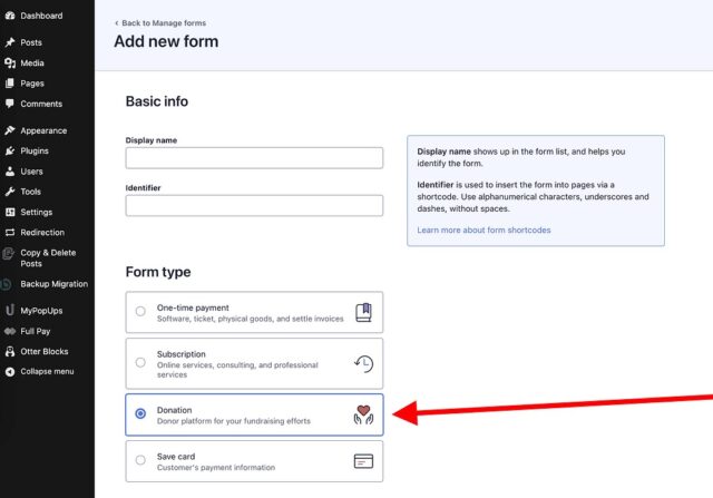 Choosing the form type inside of