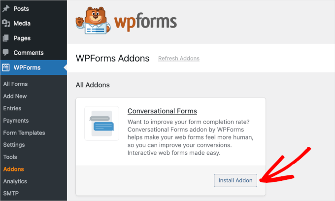 wpadminarea wpforms. addons conversationalforms installaddon
