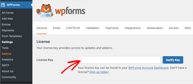 wpadminarea wpforms settings licensekey