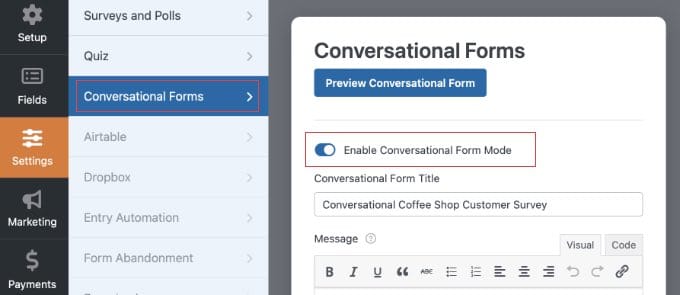 wpforms survey enable conversational forms