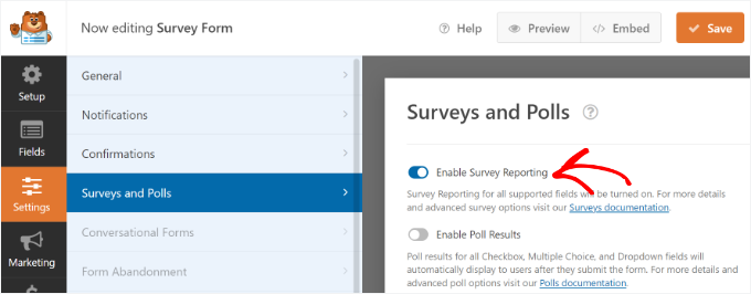 wpforms survey reporting option
