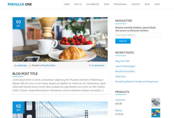 Parallax One — совершенно бесплатная одностраничная тема WordPress от Themeisle
